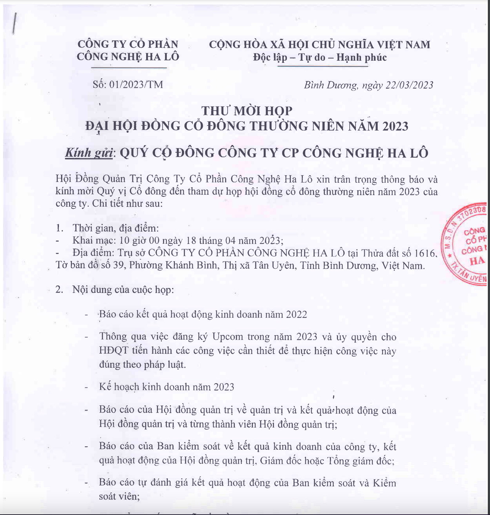 THƯ MỜI HỌP  ĐẠI HỘI ĐỒNG CỔ ĐÔNG THƯỜNG NIÊN NĂM 2023