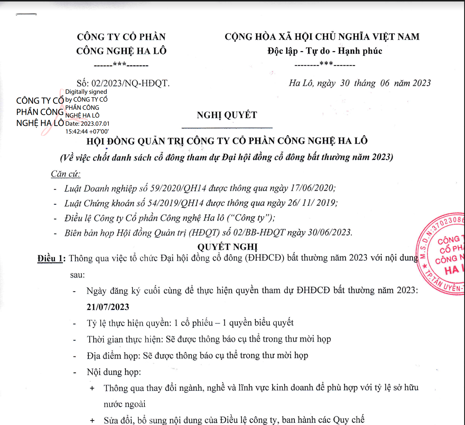 NGHỊ QUYẾT HỘI ĐỒNG QUẢN TRỊ
